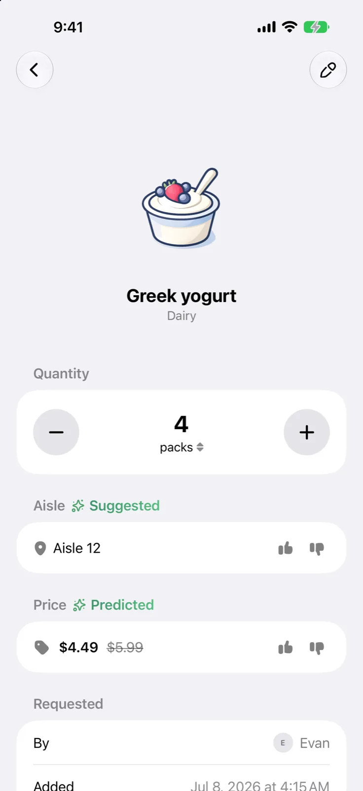Item detail with an AI-suggested aisle and a predicted sale price