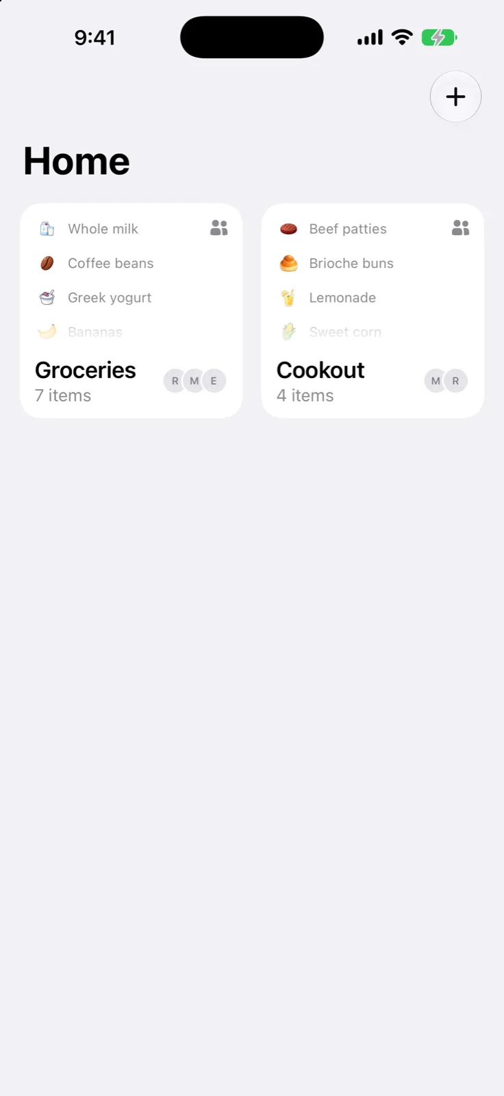 Grocer home screen with shared family grocery lists