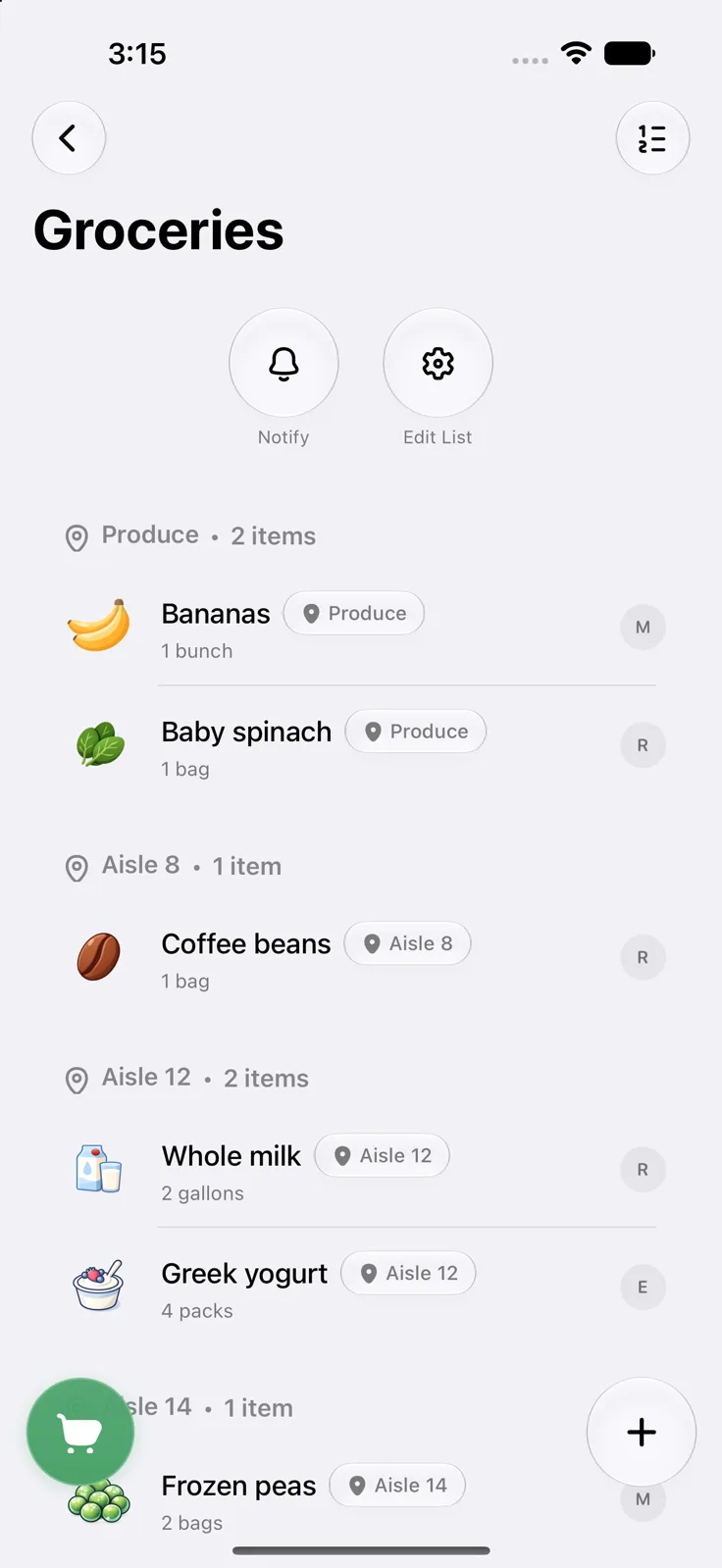 A grocery list automatically grouped by aisle, with aisle chips on every item