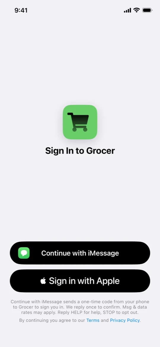 The Grocer sign-in screen: a Continue with iMessage button, a Sign in with Apple button, and the messaging disclosure beneath them.